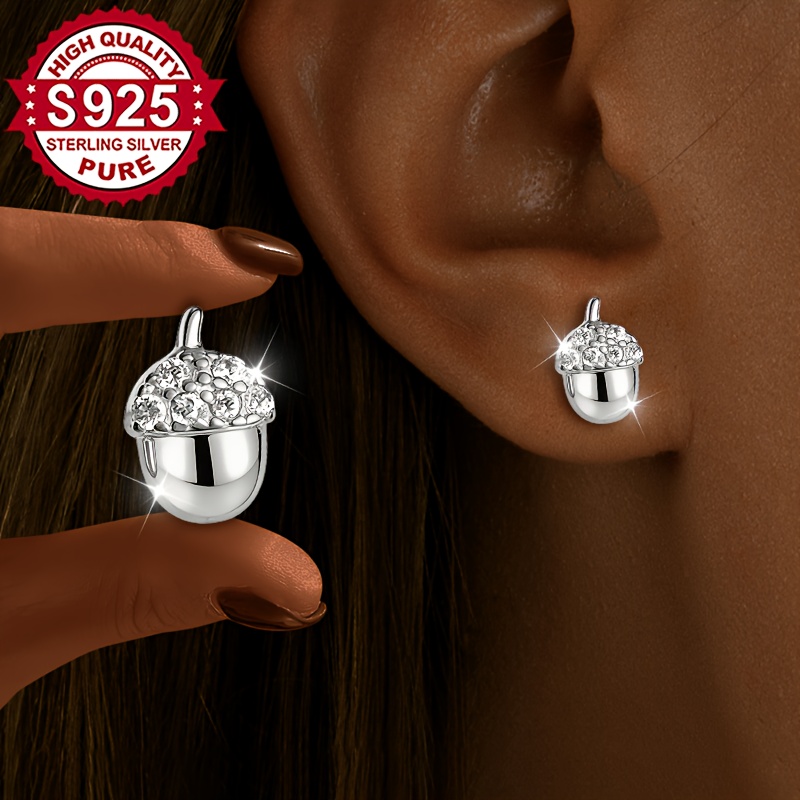 Women's S925 Silver Acorn Fruit Stud Earrings with Zirconia